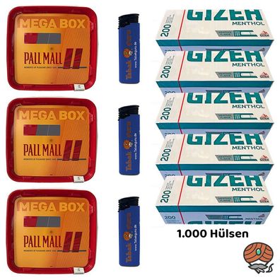 Pall Mall Allround Tabak Mega Box 3x 125g, Gizeh Menth. Hülsen, Feuerzeuge