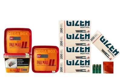 Pall Mall Allround Tabak Mega Box 3x 125g + Gizeh Menth. Hülsen + Zubehör