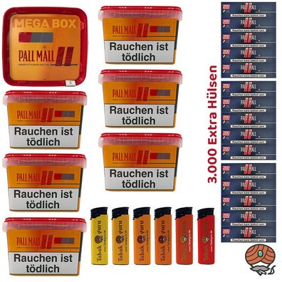 Pall Mall Allround Tabak Mega Box 7x 125g 3000 Xtra Hülsen, 6 Feuerzeuge