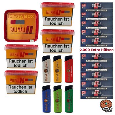 Pall Mall Volumentabak Mega Box 5x 125g, 2000 Red Xtra Hülsen, Feuerzeuge