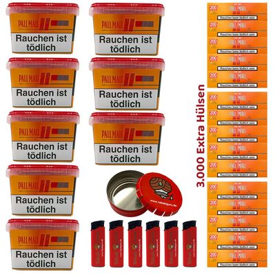 Pall Mall Allround Tabak Mega Box 8x 125g, 3000 Allround Hülsen, Feuerzeuge