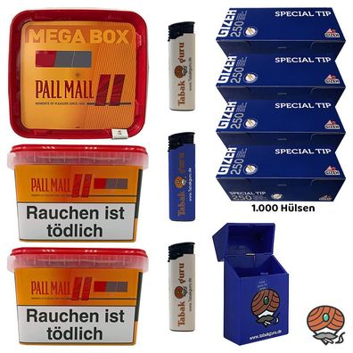 Pall Mall Allround Mega Box Tabak 3x 125g, Gizeh Special Tip Hülsen, Feuerz. Box