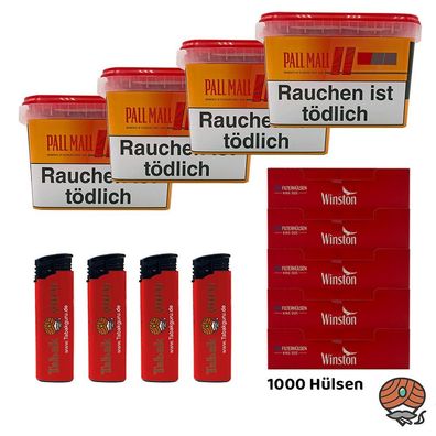 Pall Mall Allround Tabak Mega Box 4x 125g, 1000 Winston Hülsen, Feuerzeuge