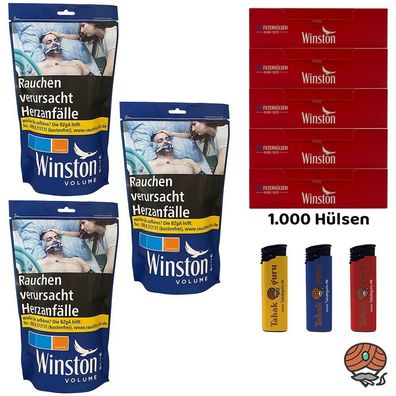 Winston Blue/Blau Volumentabak Beutel 3x 105g, 1000 Winston Hülsen, Feuerzeuge