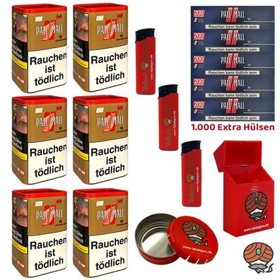 Pall Mall Authentic Red/Rot Tabak XXL Dose 6x 80g, Xtra Hülsen, Zubehör