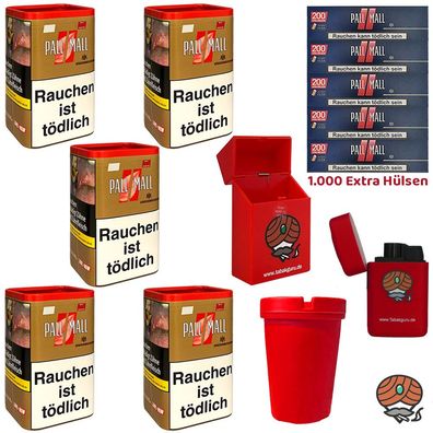 Pall Mall Authentic Red/Rot Tabak XXL Dose 5x 80g, Xtra Hülsen, Zubehör