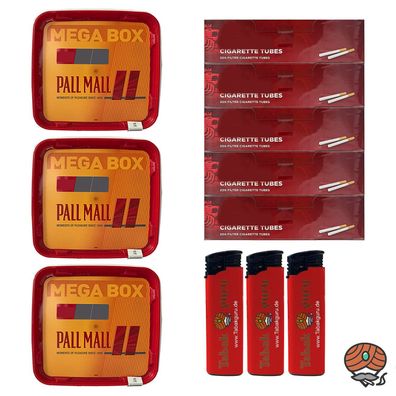 Pall Mall Allround Mega Box Tabak 3x 125g, 1000 King-Size Hülsen, Feuerzeuge