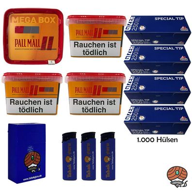 Pall Mall Allround Mega Box Tabak 4x 125g, Special Tip Hülsen, Feuerz., Box