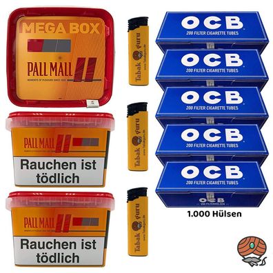 Pall Mall Allround Mega Box Tabak 3x 125g, OCB Hülsen, Feuerzeuge