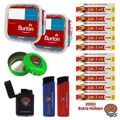 2x Burton Volumentabak GIGA Box à 400g, Zig-Zag Extra Hülsen, Taschenascher