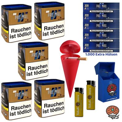 Pall Mall Authentic Blue/Blau Tabak 5x 80g, Blue Xtra Hülsen, Strandascher