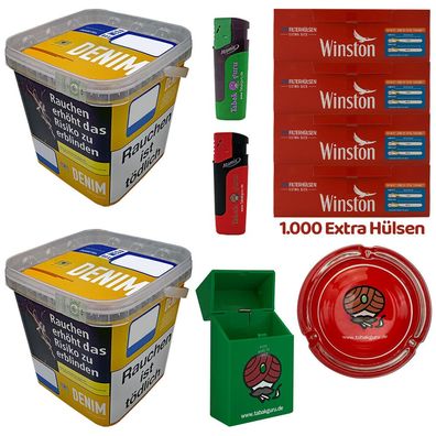 Denim Volumentabak Mega Box 2x 220g, 1000 Winston Extra Hülsen, Glasascher
