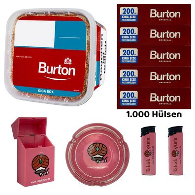 Burton Volumentabak GIGA Box 400g, Hülsen, Glasaschenbecher, Feuerzeuge, Box