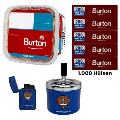 Burton Volumentabak GIGA Box 400g, Hülsen, Drehaschenbecher, Sturmfeuerzeug