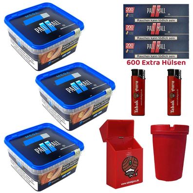 Pall Mall Blue/Blau Tabak Mega Box 3x 125g, Red Xtra Hülsen, Ascher, Feuerzeug