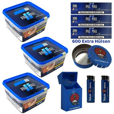 Pall Mall Blue/Blau Tabak Mega Box 3x 125g, Xtra Hülsen, Ascher, Feuerzeuge