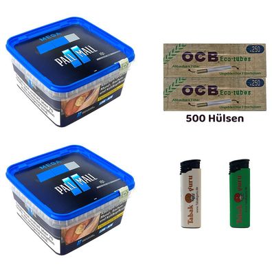Pall Mall Blue/Blau Tabak Mega Box 2x 115g, OCB Eco Tubes Hülsen, Feuerzeuge