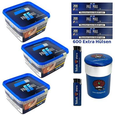 Pall Mall Blue/Blau Tabak Mega Box 3x 125g, Xtra Hülsen, Autoascher, Feuerzeug
