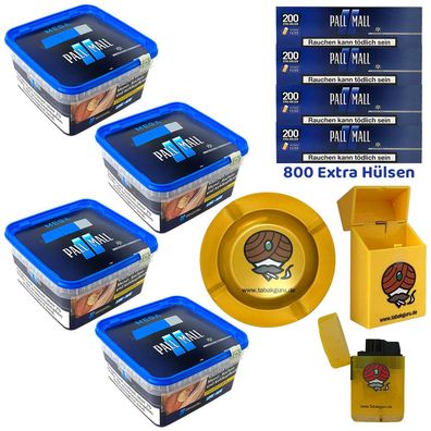 Pall Mall Blue/Blau Tabak Mega Box 4x 125g, Blue Xtra Hülsen, Metallascher