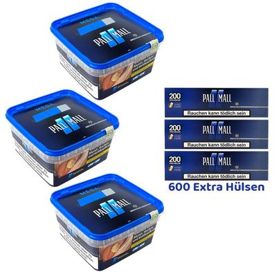 Pall Mall Blue/Blau Volumentabak Mega Box 3x 125g, 600 Blue Xtra Hülsen