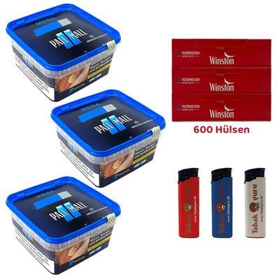 Pall Mall Blue/Blau Tabak Mega Box 3x 125g, 600 Winston Hülsen, Feuerzeug