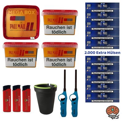 Pall Mall Mega Box Volumentabak 4x 125g, Blue Xtra Hülsen, Aschenbecher, Feuer
