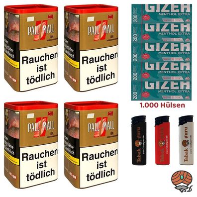 Pall Mall Authentic Red/Rot Tabak XXL Dose 4x 80g, Gizeh Menth. Extra Hülsen