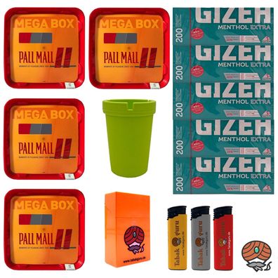 Pall Mall Allround Tabak Mega Box 4x 125g, Gizeh Menth. Extra Hülsen, Feuerzeug