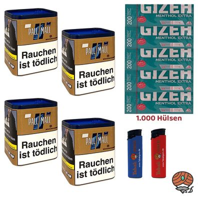 Pall Mall Authentic Blue/Blau Tabak XXL Dose 4x 80g, Gizeh Menth. Extra Hülsen