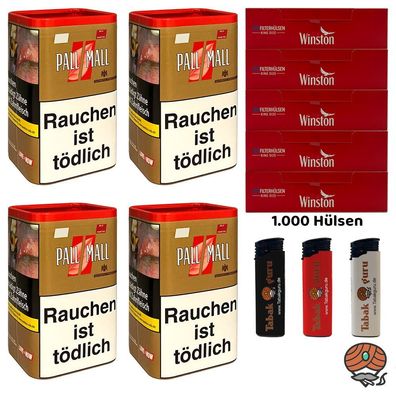 Pall Mall Authentic Red/Rot Tabak XXL Dose 4x 80g, Winston Hülsen, Feuerzeuge