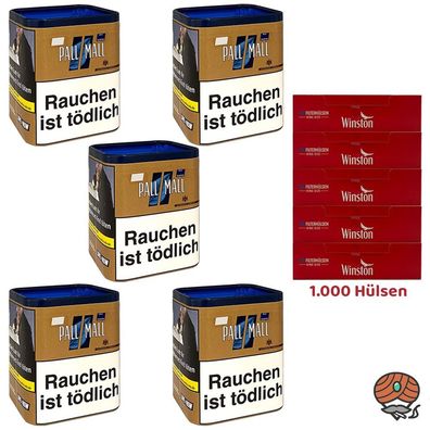 Pall Mall Authentic Blue/Blau Tabak XXL Dose 5x 80g + 1000 Winston Hülsen