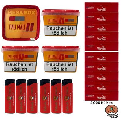 Pall Mall Mega Box Volumentabak 4x 125g, Winston Hülsen, 6 Feuerzeuge