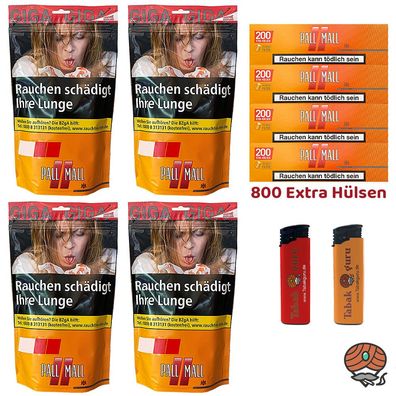 Pall Mall Allround Tabak Beutel 4x 120g + 800 Xtra Hülsen, Feuerzeuge