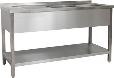 Gastronomie Hotel Küche Spültisch 1500 x 600 x 850 mm 2 Becken rechts, mit Grundbo