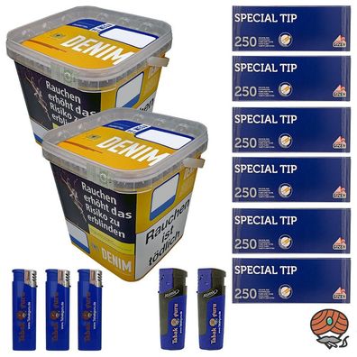 Denim Volumentabak Mega Box 2x 220g Eimer + Gizeh Special Tip Hülsen + Zubehör
