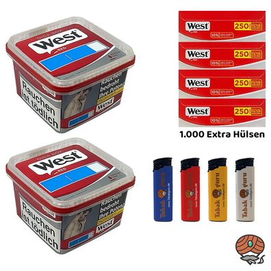 West Red Tabak/Volumentabak Giga Box 2x 160g, 1000 Extra Hülsen, Feuerzeuge