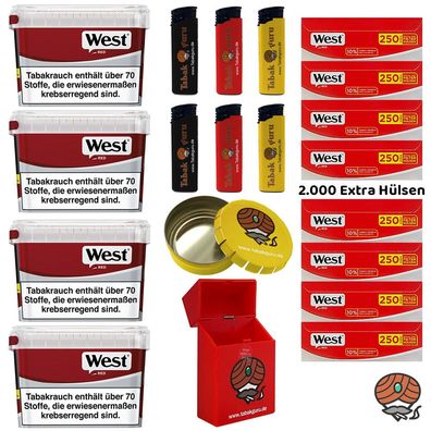 WEST Red Volumentabak Mega Box 4x 110g, 2000 Extra Hülsen, Zubehör