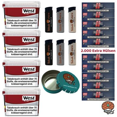 WEST Red/Rot Volumentabak Mega Box 4x 115g, Extra Hülsen, Taschenascher, Feuerz