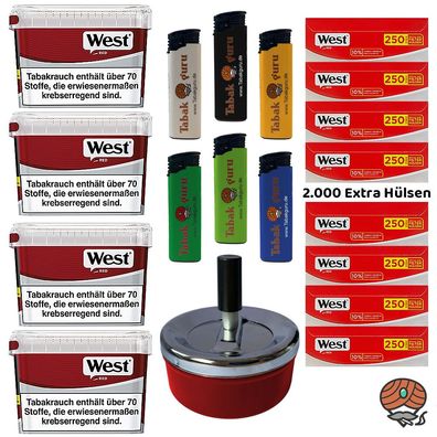 WEST Red/Rot Volumentabak Mega Box 4x 115g, 2000 Extra-Hülsen, Drehascher