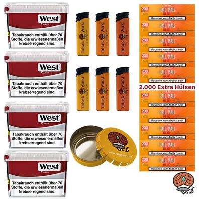 WEST Red/Rot Volumentabak Mega Box 4x 115g, 2000 Pall Mall Xtra Hülsen, Zubehör