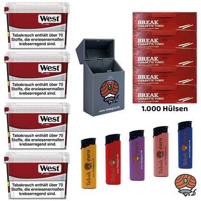 West Red/Rot Volumentabak Mega Box 4x 115g, 1000 Filterhülsen, 5 Feuerzeuge, Box