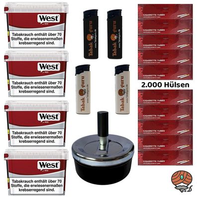 WEST Red/Rot Volumentabak Mega Box 4x 115g, 2000 Hülsen, Drehascher, Feuerzeuge