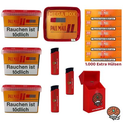 Pall Mall Allround Volumentabak Mega Box 4x 125g, Xtra Hülsen, 3 Feuerzeuge