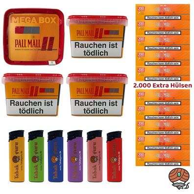 Pall Mall Allround Volumentabak Mega Box 4x 125g, Xtra Hülsen, 6 Feuerzeuge