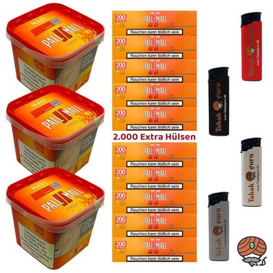 Pall Mall Allround Volumentabak Maxi Box 3x 263g, 2000 Xtra Hülsen, Feuerzeuge