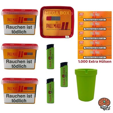 Pall Mall Tabak Mega Box 4x 125g, Allround Xtra Hülsen, Feuerzeuge, Ascher