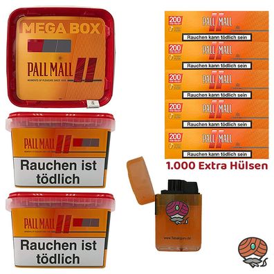 Pall Mall Allround Tabak Mega Box 3x 125g, Allround Hülsen, Sturmfeuerzeug