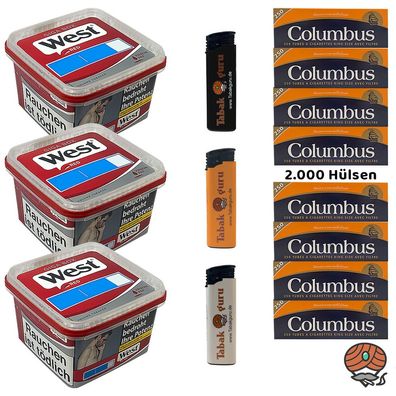 West Red Volumentabak Giga Box 3x 160g, 2000 Columbus Hülsen, Feuerzeuge