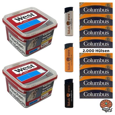 West Red Volumentabak Giga Box 2x 160g, 2000 Columbus Hülsen, Feuerzeuge