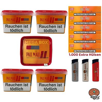Pall Mall Allround Tabak Mega Box 5x 125g, Allround Xtra Hülsen, Feuerzeuge